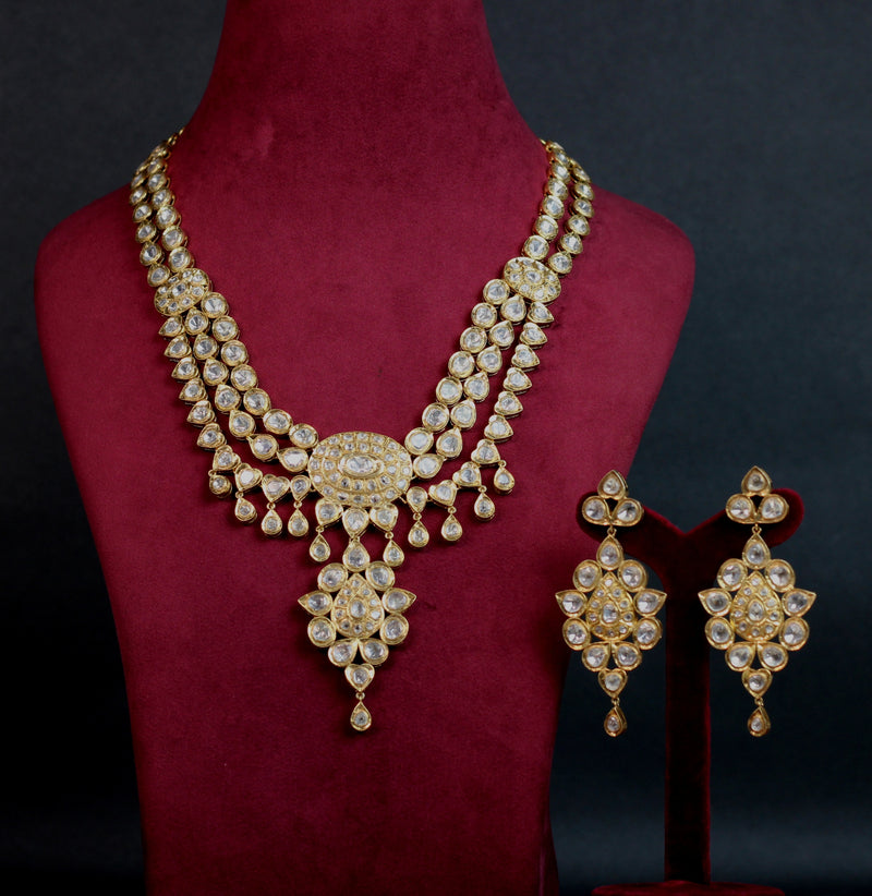 NECKLACE AND EARRING IN 92.5 STERLING  SILVER WITH 18KT GOLD PLATED POLKI STONES