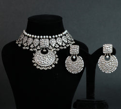 OXIDIZED NECKLACE WITH EARRINGS IN  92.5 STERLING SILVER KUNDAN WITH FRESH WATER PEARLS