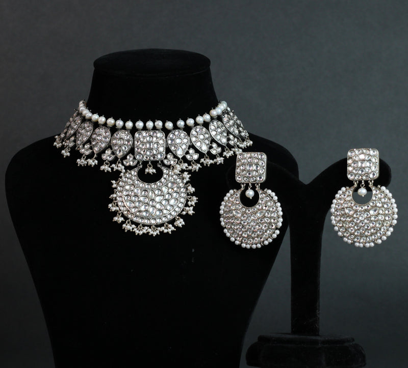 OXIDIZED NECKLACE WITH EARRINGS IN  92.5 STERLING SILVER KUNDAN WITH FRESH WATER PEARLS