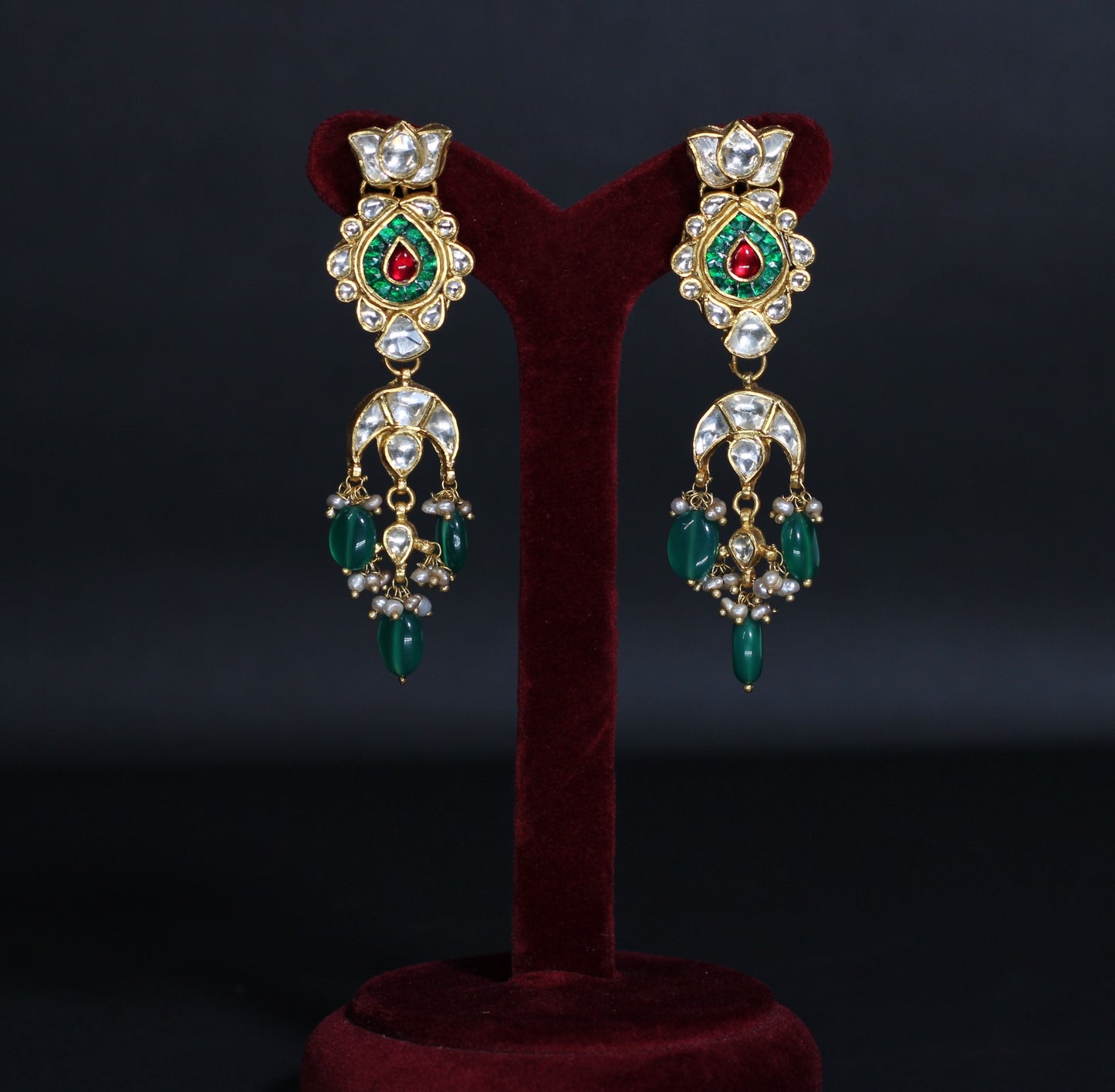 NECKLACE AND EARRING IN92.5 STERLING SILVER  WITH 18KT GOLD PLATED WITH  KUNDAN,GREEN ONYX & RED ONYX AND FRESH WATER PEARLS