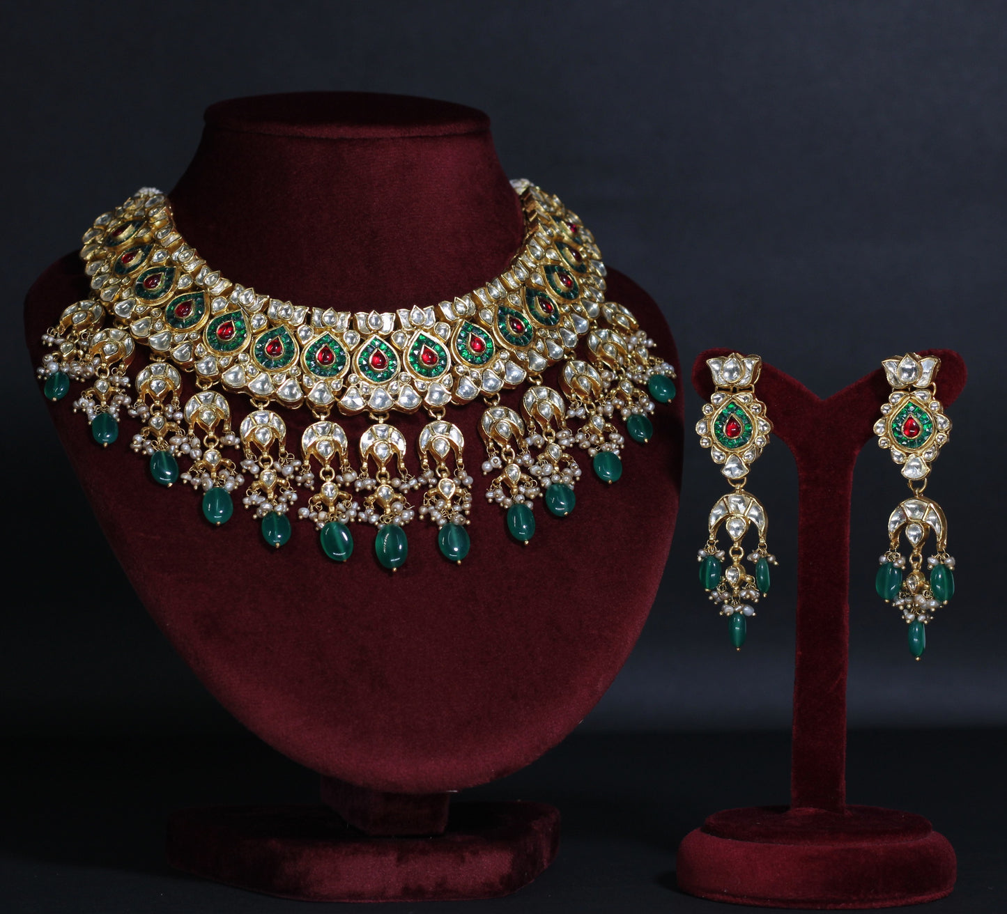 NECKLACE AND EARRING IN92.5 STERLING SILVER  WITH 18KT GOLD PLATED WITH  KUNDAN,GREEN ONYX & RED ONYX AND FRESH WATER PEARLS