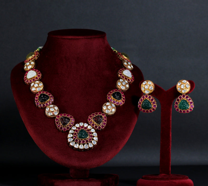 NECKLACE AND EARRING IN 92.5 STERLING SILVER IN 18KT GOLD PLATED WITH POLKI, GREEN & PINK ONYX , FLOURIDE &  RHODOLITE