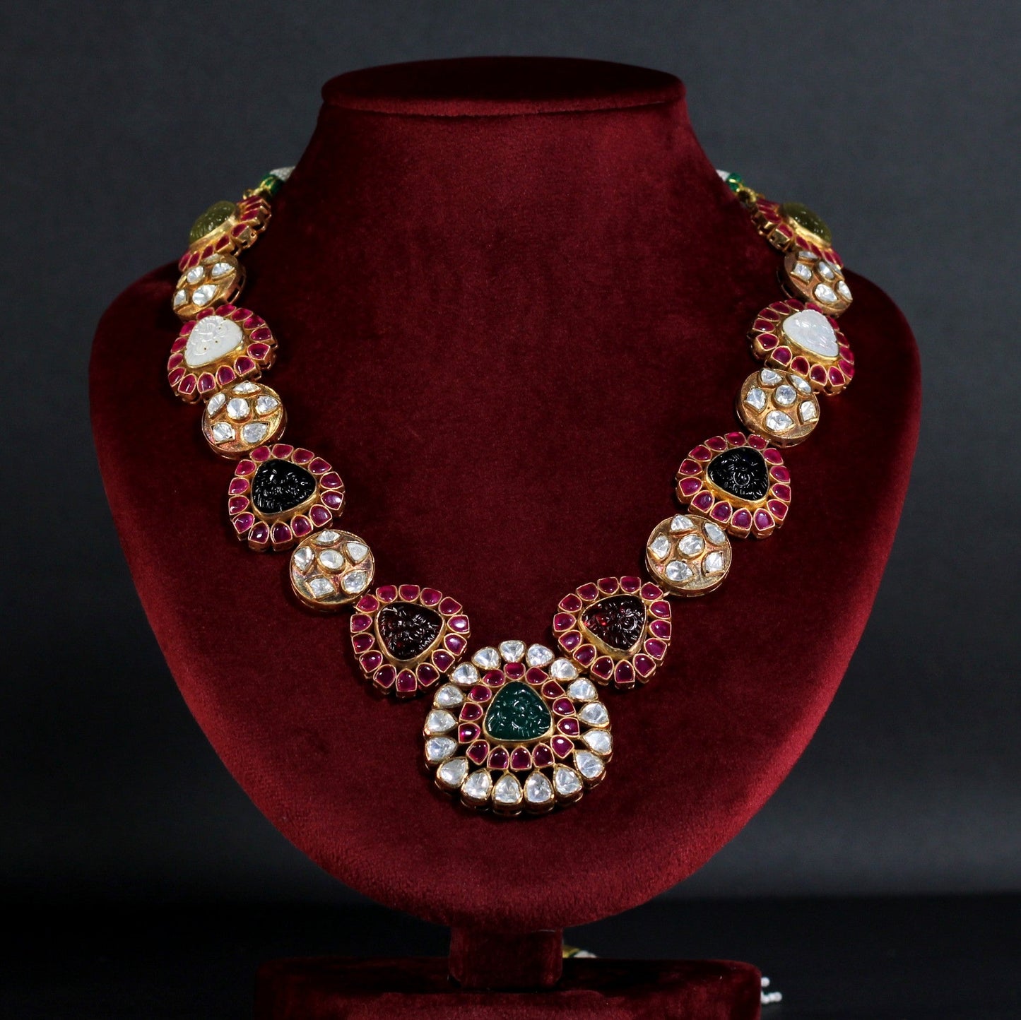 NECKLACE AND EARRING IN 92.5 STERLING SILVER IN 18KT GOLD PLATED WITH POLKI, GREEN & PINK ONYX , fluorite &  RHODOLITE