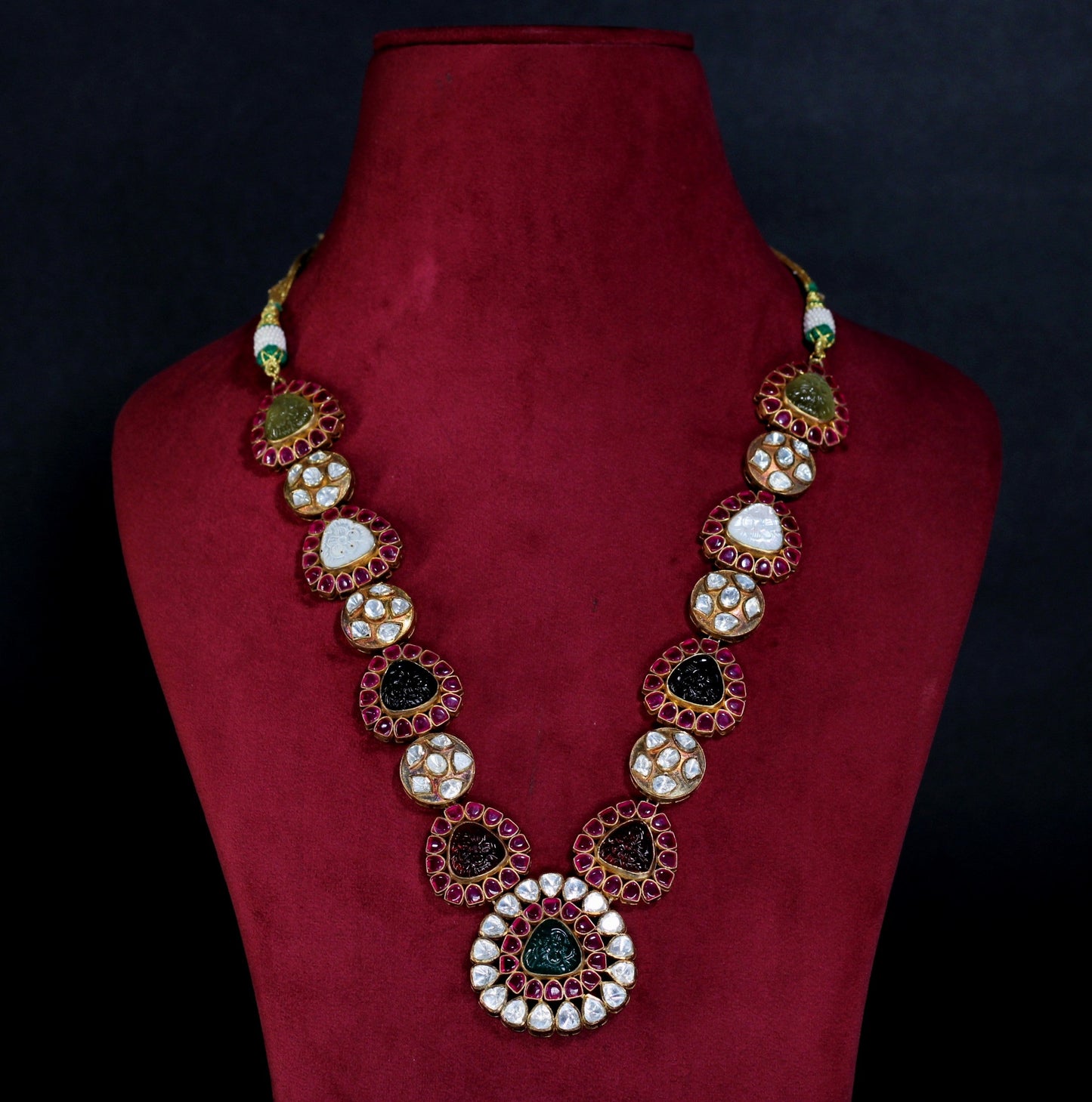 NECKLACE AND EARRING IN 92.5 STERLING SILVER IN 18KT GOLD PLATED WITH POLKI, GREEN & PINK ONYX , fluorite &  RHODOLITE