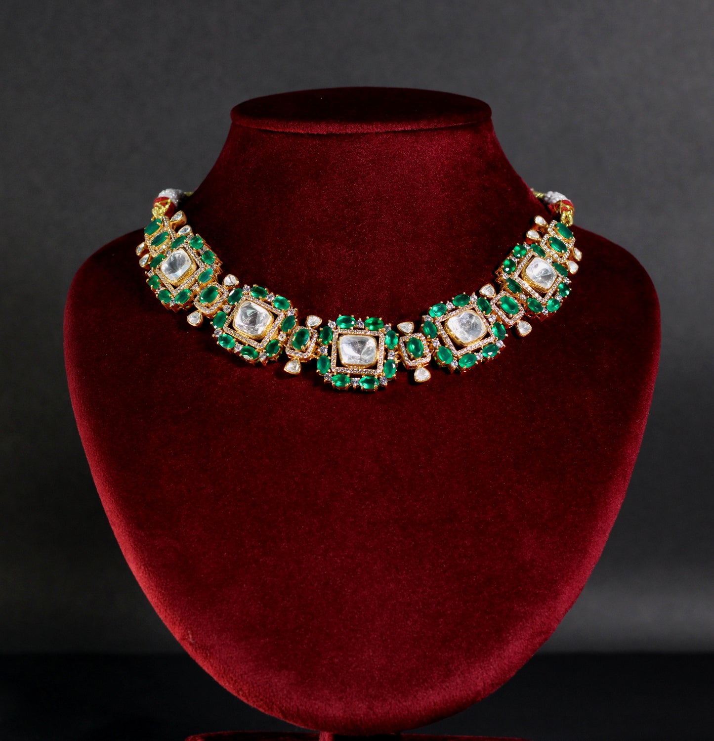 NECKLACE AND EARRING IN 92.5 STERLING SILVER IN 18KT GOLD PLATED WITH MOSONITE POLKI AND GREEN ONYX WITH ZIRCONIA