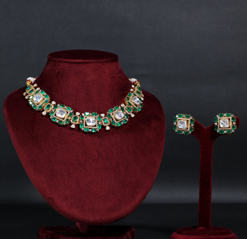 NECKLACE AND EARRING IN 92.5 STERLING SILVER IN 18KT GOLD PLATED WITH MOSONITE POLKI AND GREEN ONYX WITH ZIRCONIA