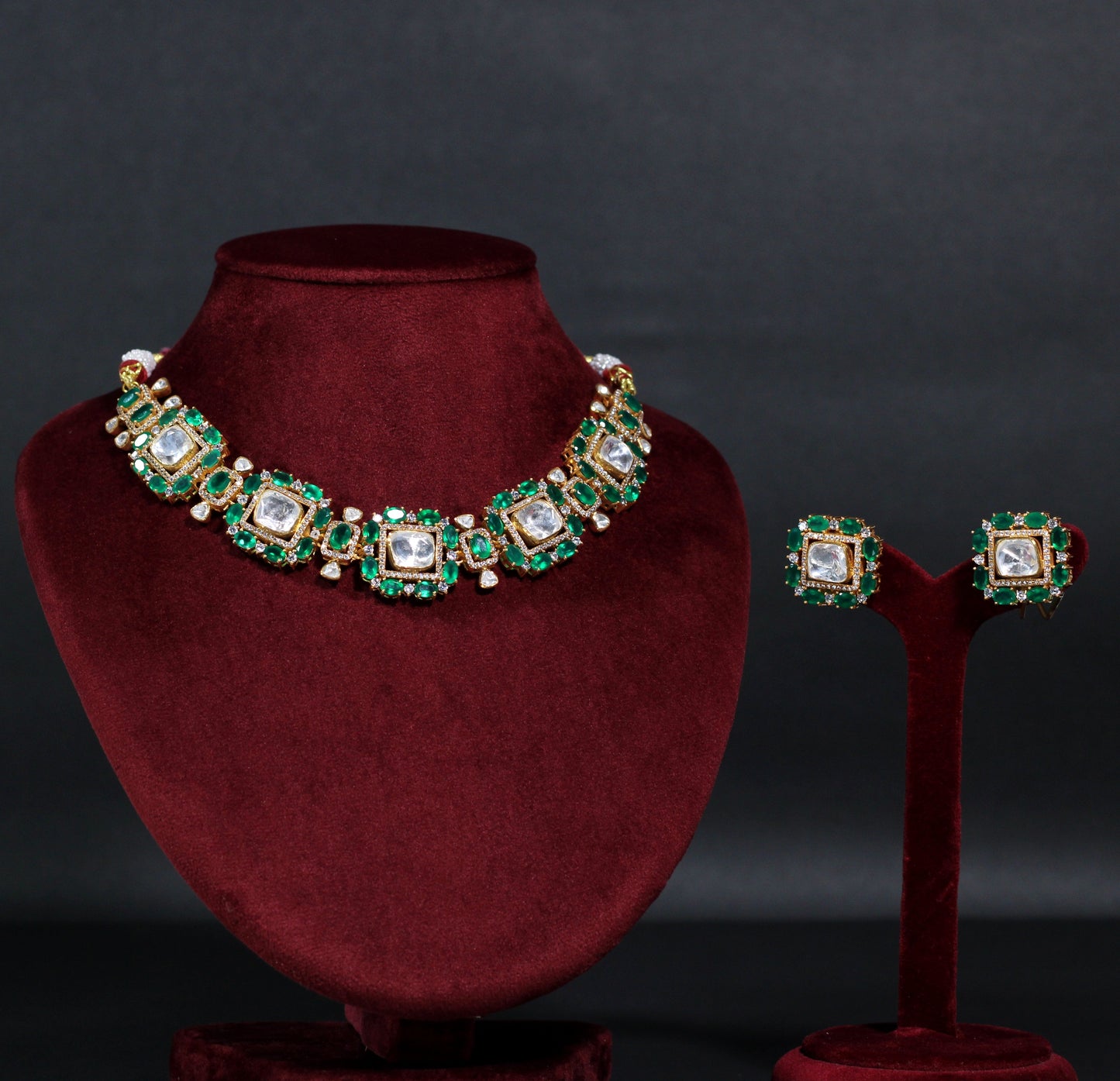 NECKLACE AND EARRING IN 92.5 STERLING SILVER IN 18KT GOLD PLATED WITH moissanite POLKI AND GREEN ONYX WITH ZIRCONIA