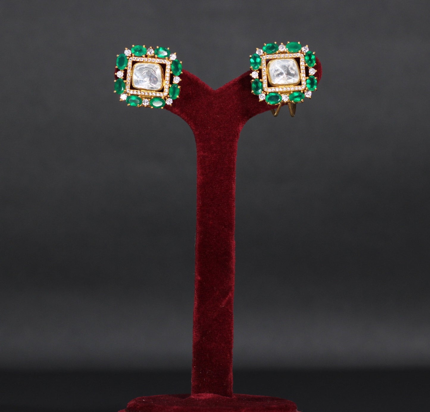 NECKLACE AND EARRING IN 92.5 STERLING SILVER IN 18KT GOLD PLATED WITH moissanite POLKI AND GREEN ONYX WITH ZIRCONIA