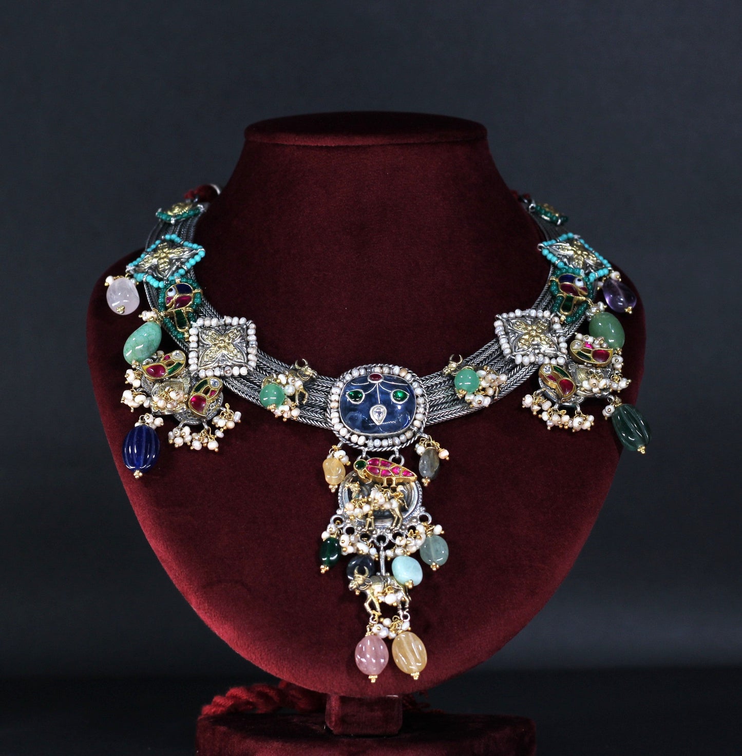 NECKLACE IN 92.5 STERLING SILVER IN DUAL toned WITH  SEMI PRECIOUS stones AND FRESH WATER PEARLS