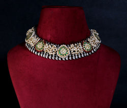 92.5 STERLING SILVER DUAL TONE KUNDAN & GREEN & RUBY ONYX WITH FRESH WTER PEARLS
