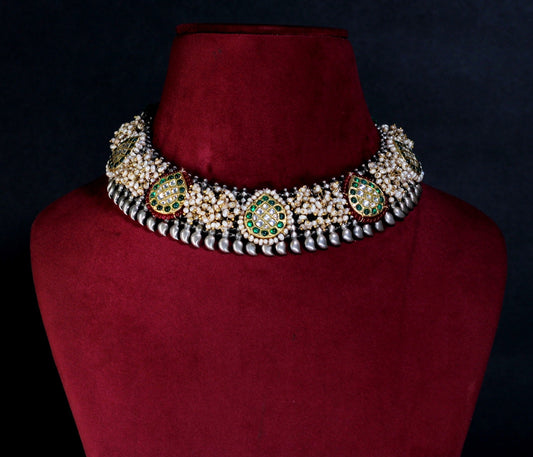 92.5 STERLING SILVER DUAL toned KUNDAN & GREEN & RUBY ONYX WITH FRESH WTER PEARLS