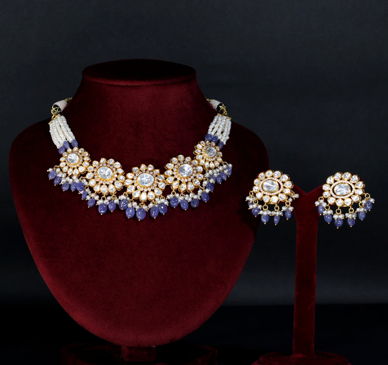 NECKLACE AND EARRING IN 92.5 STERLING SILVER IN  18KT GOLD PLATED WITH MOSONITE POLKI AND BLUE CHALCEDONY STONES AND ZIRCONIA