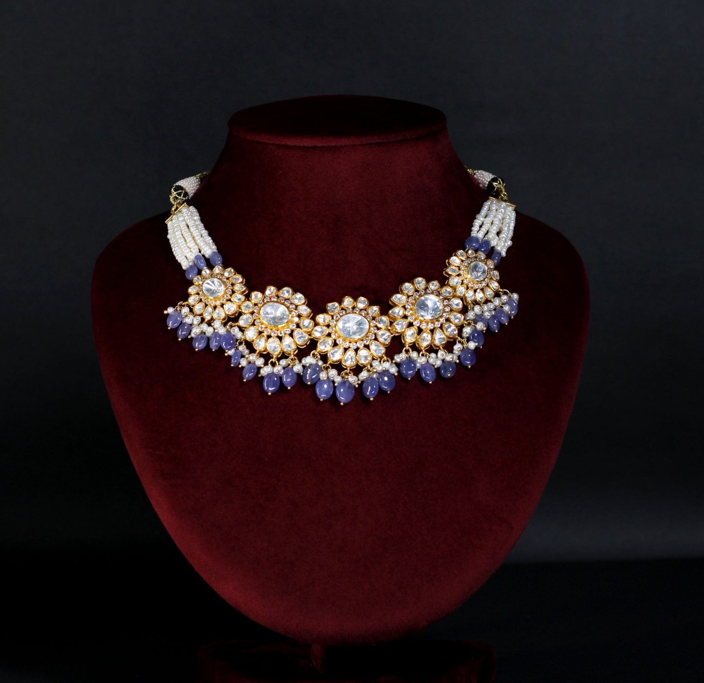 NECKLACE AND EARRING IN 92.5 STERLING SILVER IN  18KT GOLD PLATED WITH moissanite POLKI AND BLUE CHALCEDONY stones AND ZIRCONIA
