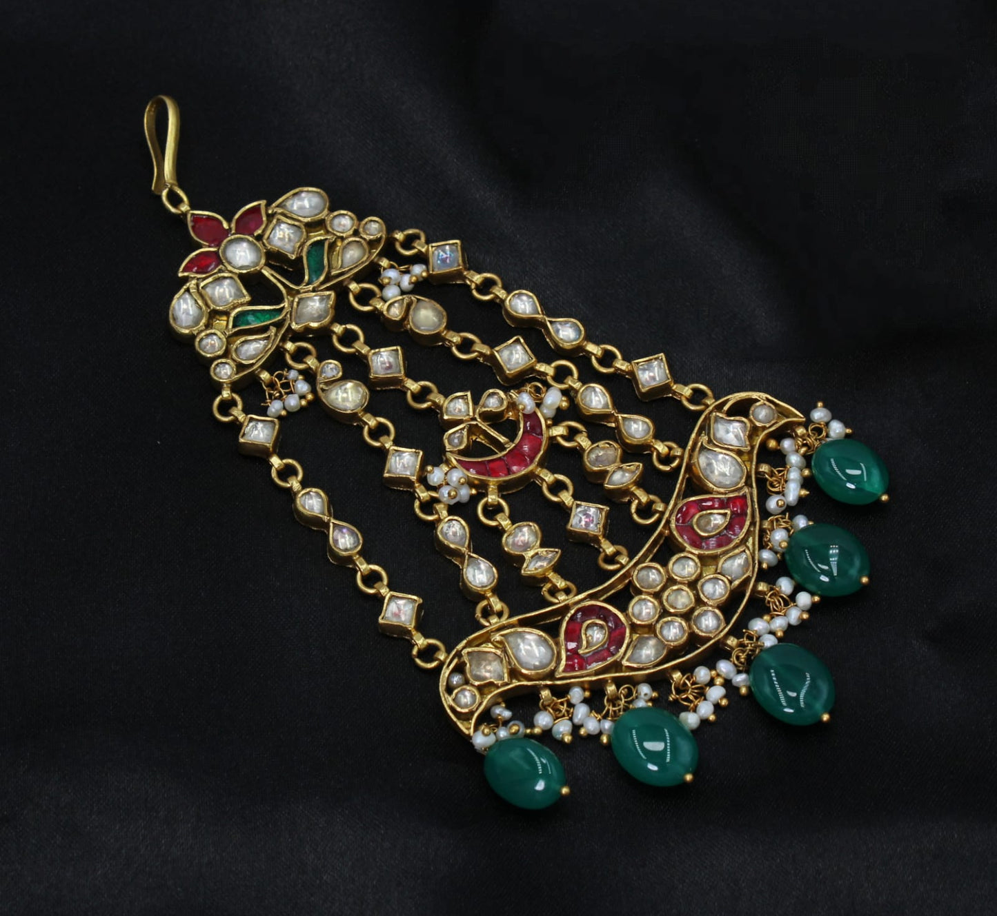 MATHAPATTI;- 92.5 STERLING SILVER GOLD PLATED WITH KUNDAN, PINK & GREEN ONYX  AND FRESH WATER PEARLS.