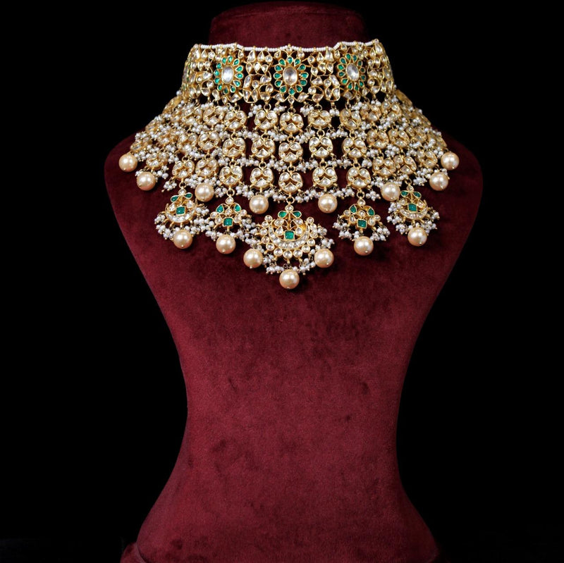 NECKLACE:- 92.5 STERLING SILVER GOLD PLATED WITH KUNDAN, PINK & GREEN ONYX  AND CULTURED & FRESH WATER PEARLS.