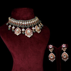 NECKLACE:- 92.5 STERLING SILVER GOLD PLATED WITH KUNDAN, PINK ONYX, ZIRCONIA & FLUORITE STONES  AND FRESH WATER PEARLS.