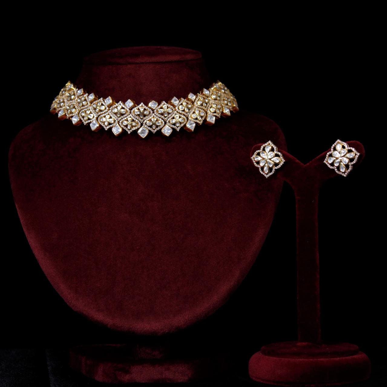NECKLACE:- 92.5 STERLING SILVER GOLD PLATED, KUNDAN WITH ZIRCONIA.