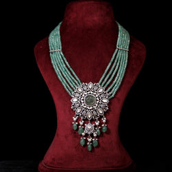 NECKLACE:- 92.5 STERLING SILVER WITH KUNDAN, GREEN ONYX, ZIRCONIA & JED STONES  AND FRESH WATER PEARLS.