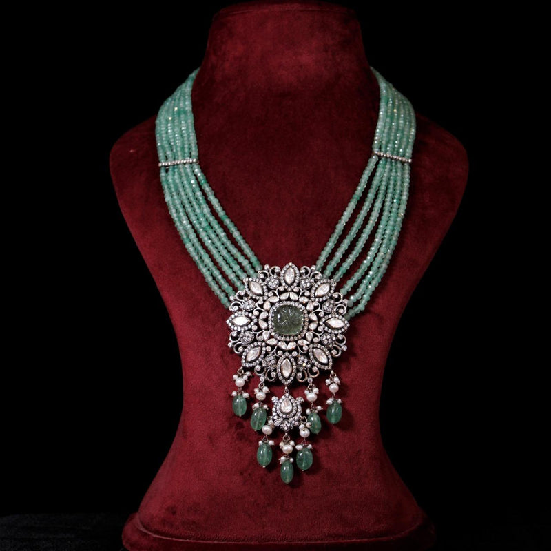 NECKLACE:- 92.5 STERLING SILVER WITH KUNDAN, GREEN ONYX, ZIRCONIA & JED STONES  AND FRESH WATER PEARLS.