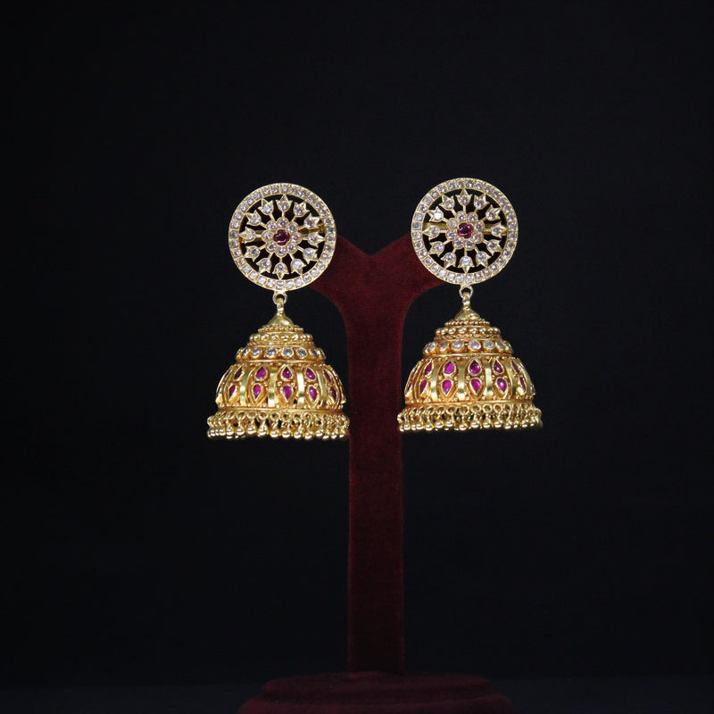 EARRINGS:- 92.5 STERLING SILVER , GOLD PLATED WITH PINK ONYX & ZIRCONIA.