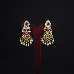EARRINGS:- 92.5 STERLING SILVER, GOLD PLATED WITH PINK & GREEN ONYX AND CRYSTAL WITH FRESH WATER PEARLS.