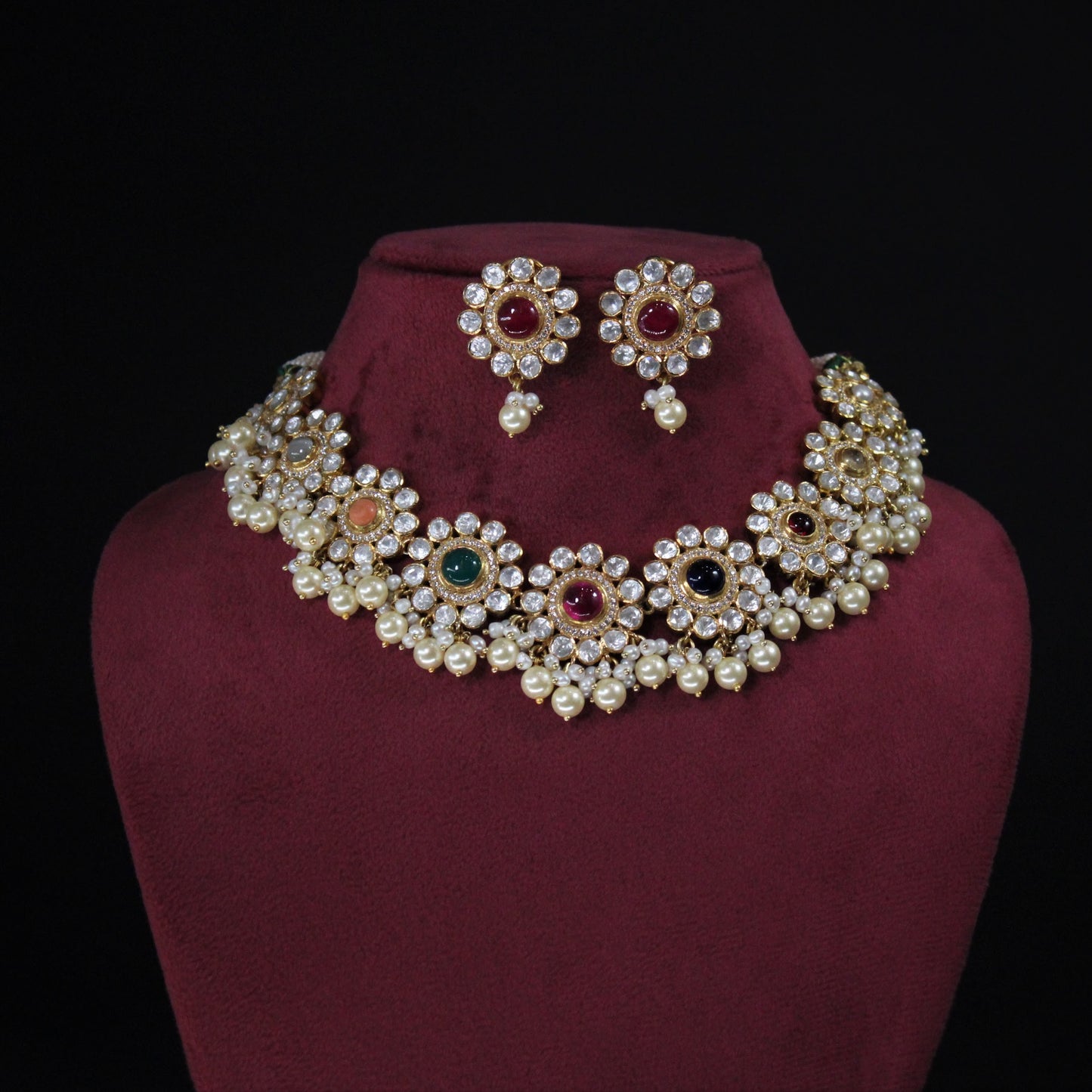 NAVRATAN NECKALCE:- 92.5 STERLING SILVER, GOLD PLATED WITH KUNDAN AND CULTURED & FRESH WATER PEARLS.