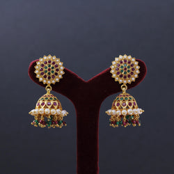 EARRINGS:- 92.5 STERLING SILVER, GOLD PLATED WITH FRESH WATER PEARL, PINK & GREEN ONYX.