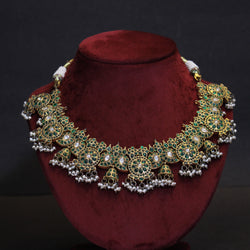 NECKLACE:- 92.5 STERLING SILVER GOLD PLATED WITH KUNDAN, GREEN ONYX AND FRESH WATER PEARLS.