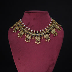 NECKLACE:- 92.5 STERLING SILVER GOLD PLATED WITH ZIRCONIA, CRYSTAL & GREEN ONYX AND CULTURED PEARLS.