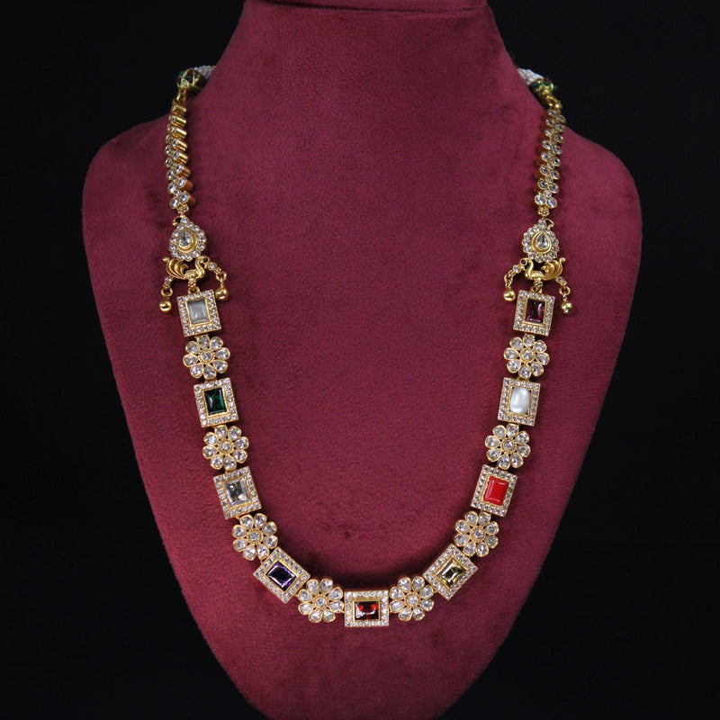 LONG NECKLACE WITH NAVRATAN STONES IN SOUTH COLLECTIONS.
