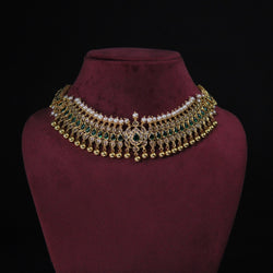 NECKLACE:- 92.5 STERLING SILVER GOLD PLATED WITH CRYSTAL,  GREEN ONYX, SILVER BEADS AND CULTURED PEARLS.
