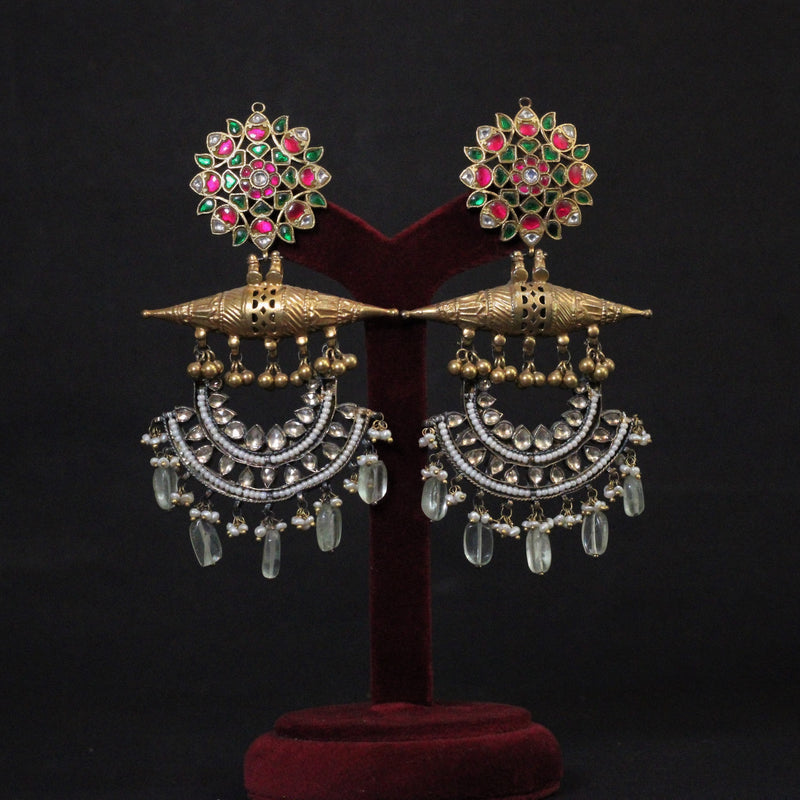 EARRINGS:- 92.5 STERLING SILVER, GOLD PLATED WITH KUNDAN, FLUORITE, RED & PINK ONYX AND FRESH WATER PEARLS.