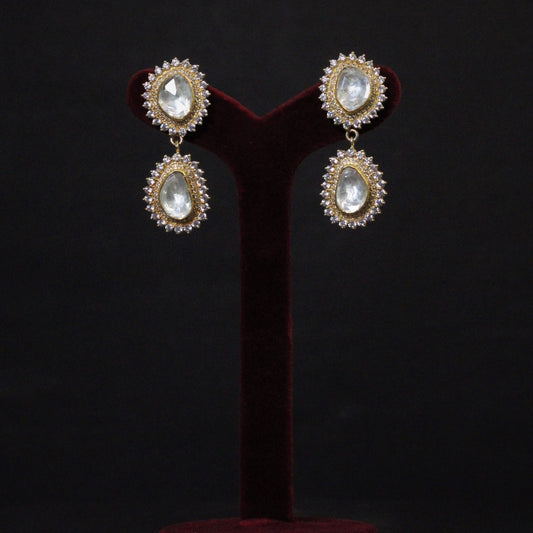 GOLD PLATED STERLING SILVER DANGLERS EARRINGS WITH MOISSANITE POLKI .
