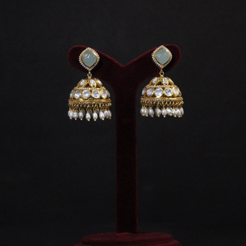 EARRINGS:- 92.5 STERLING SILVER, GOLD PLATED WITH KUNDAN, ZIRCONIA  AND AQUA-CHALCEDONY & FRESH WATER PEARLS.