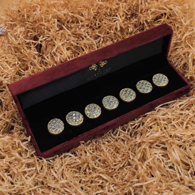 GOLD PLATED STERLING SILVER SHERWANI BUTTONS IN JADAU COLLECTIONS.