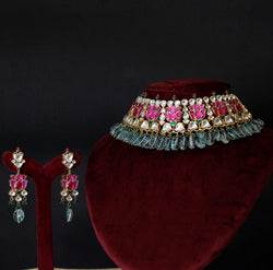 SET(NECKLACE WITH EARRINGS) :-  92.5 STERLING SILVER, KUNDAN WITH FLUORITE,(PINK,GREEN) ONYX & 18K GOLD PLATED