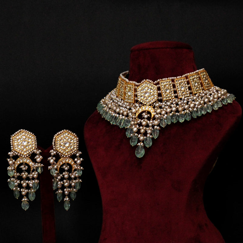SET(NECKLACE WITH EARRINGS) :-  92.5 STERLING SILVER, KUNDAN & FLUORITE WITH  PEARLS  & 18K GOLD PLATED