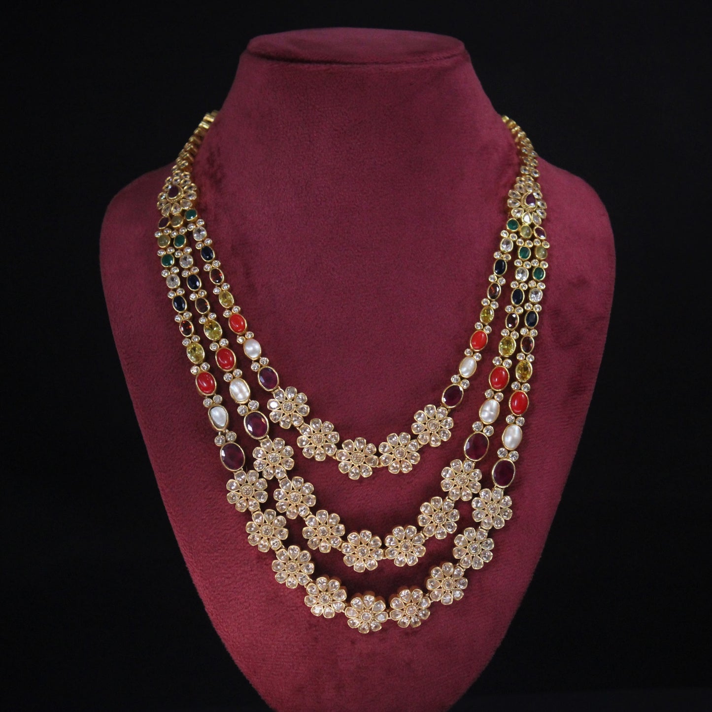 NAVRATAN NECKLACE:- 92.5 STERLING SILVER, GOLD PLATED WITH ZIRCONIA.