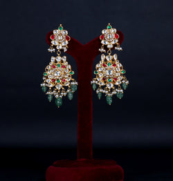 EARRINGS IN 92.5 STERLING SILVER 18KT GOLD PLATED WITH KUNDAN,PINK & GREEN ONYX ,FLOURIDE  AND FRESH WATER PEARLS
