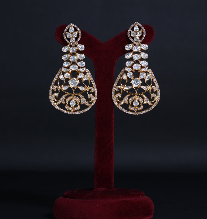 EARRINGS  IN92.5 STERLING SILVER 18KT GOLD PLATED MOSONITE POLKI AND ZIRCONIA