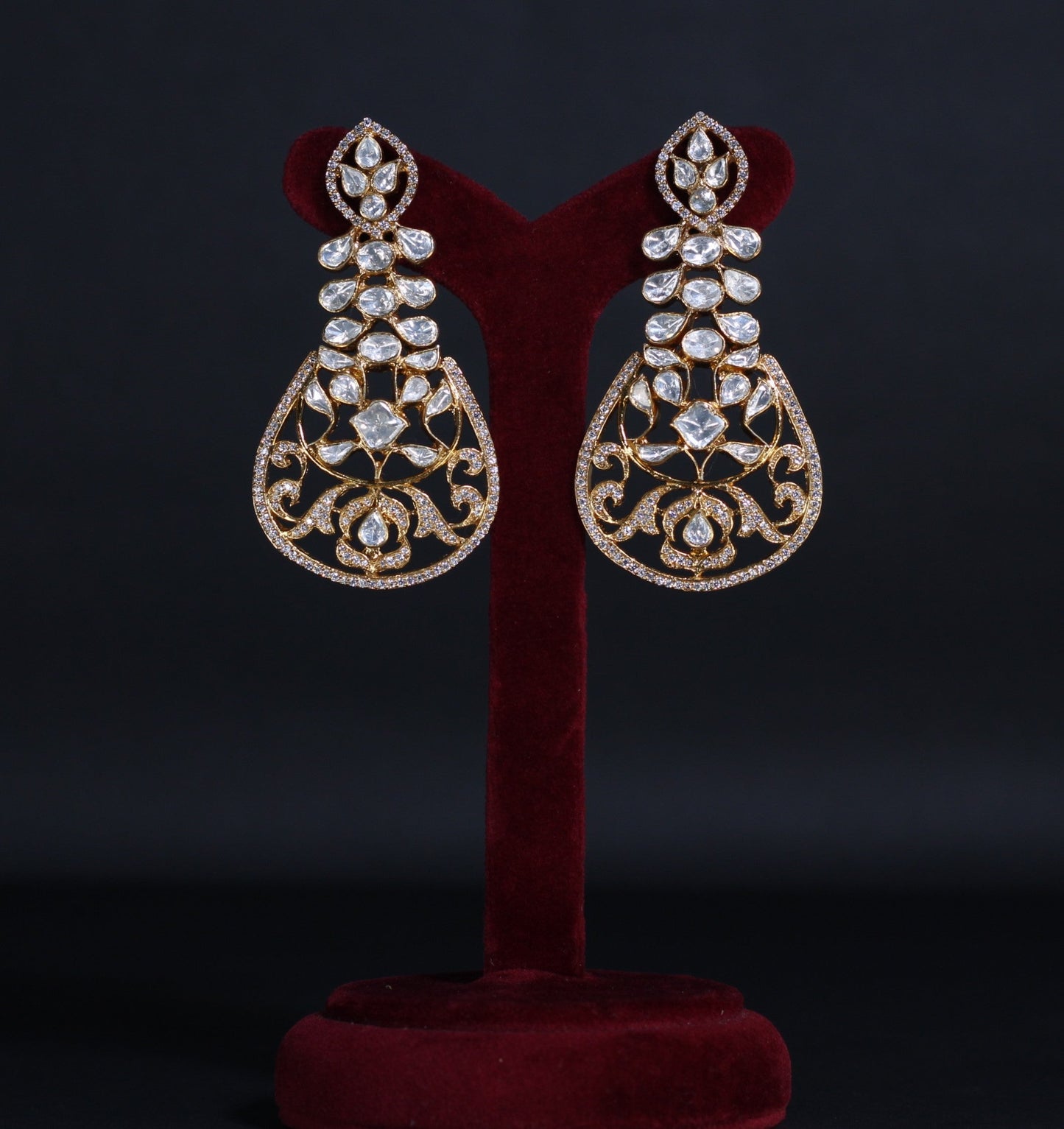 GOLD PLATED STERLING SILVER DANGLERS EARRINGS  IN  moissanite POLKI COLLECTIONS.
