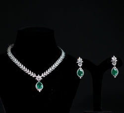 NECKLACE and earring IN 92.5 STERLING SILVER with SWAROVSKI  & GREEN ONYX IN WHITE RHODIUM PLATED