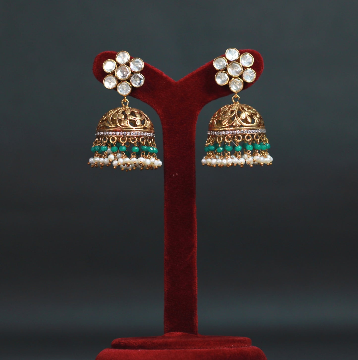 EARRINGS IN 92.5 STERLING SILVER, GOLD PLATED. WITH KUNDAN, FRESH WATER PEARLS &  GREEN ONYX