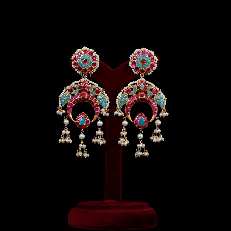 EARRINGS- 92.5 STERLING SILVER GOLD PLATED,  TURQUOISE & PINK ONYX WITH FRESH WATER PEARLS.