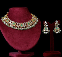 NECKLACE- 92.5 STERLING SILVER GOLD PLATED, KUNDAN AND FLUORITE STONES WITH FRESH WATER PEARLS.