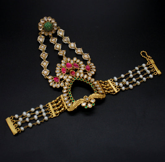 Hathphool in 92.5 STERLING SILVER  GOLD PLATED in  KUNDAN & PINK & GREEN ONYX  WITH FRESH WATER PEARLS