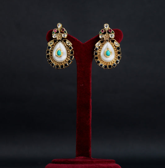 EARRINGS IN 92.5 STERLING SILVER,  GOLD PLATED with  KUNDAN , TORQUIS  AND ONYX STONES