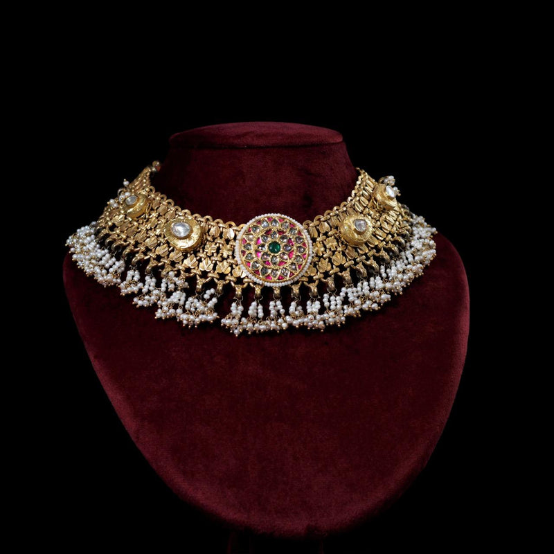NECKLACE- 92.5 STERLING SILVERGOLD PLATED, KUNDAN, RED & GREEN ONYX  STONES WITH FRESH WATER PEARLS.
