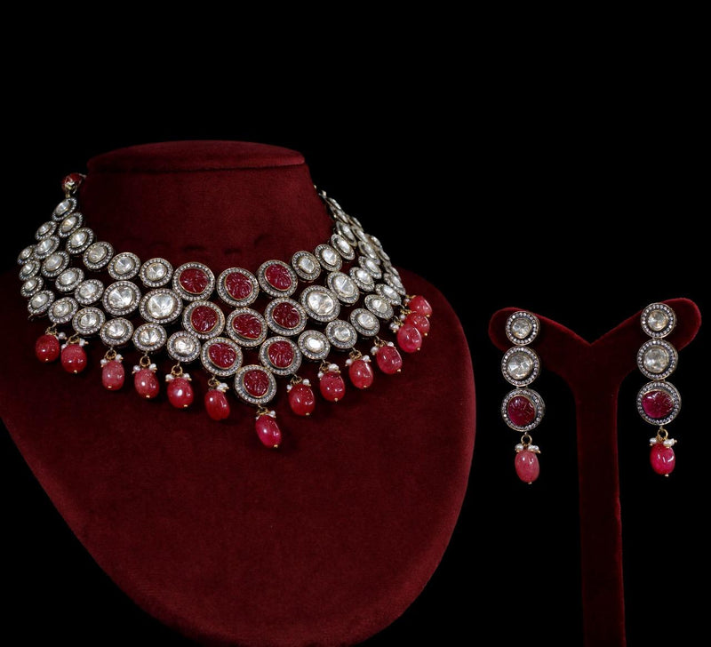NECKLACE- 92.5 STERLING SILVER GOLD PLATED, PINK ONYX, CRYSTAL STONES WITH ZIRCONIA & FRESH WATER PEARLS.
