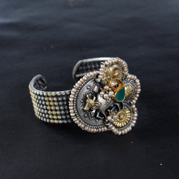 TWO-TONE CUFF:- 92.5 STERLING SILVER.WITH GREEN & PINK ONYX, KUNDAN AND FRESH WATER PEARLS.